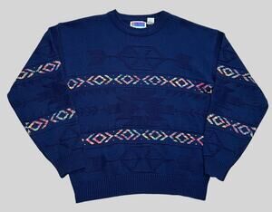 Vintage Sweater Graphix Southwestern Sweater Mens L Fair Isle Navy/Rainbow
